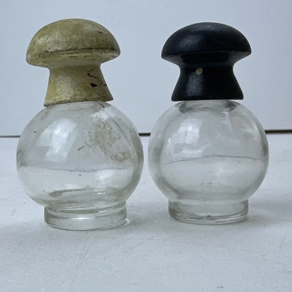 Vintage Salt Pepper Shakers Japan Clear Glass Globes Wood Tops As Is